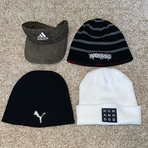 x1 adidas visor x1 rockband beanie x1 puma beanie x1 Humanhood beanie(USED)